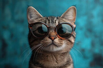 Naklejka premium Cat wearing stylish round sunglasses poses against a vibrant turquoise background in a cozy indoor setting