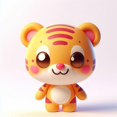 Naklejka premium A cheerful 3d anthropomorphic tiger with a rounded body, short legs, and big ears, featuring bright, pink and gold colors with smooth depicting a friendly, smiling face