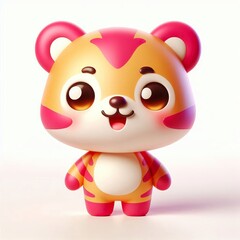 Fototapeta premium A cheerful 3d anthropomorphic tiger with a rounded body, short legs, and big ears, featuring bright, pink and gold colors with smooth depicting a friendly, smiling face