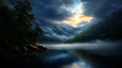 Misty Mountain Lake Sunrise Serene Nature Escape.