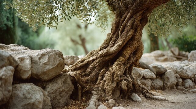 An ancient olive tree with knotted roots stands majestically, surrounded by stones, set against a backdrop of blurred greenery.