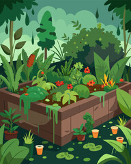 An overgrown garden of unwanted plants resulting from surplus production.. Vector illustration