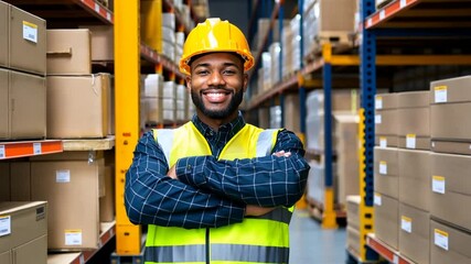 Smiling warehouse worker in safety gear stands confidently among stacked boxes in a busy storage facility