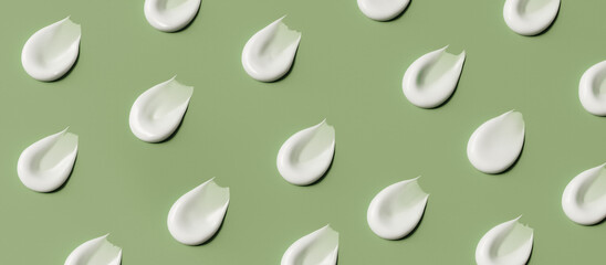 Repeating pattern of white cosmetic cream swatches or smears smooth texture on green background. Top view, flat lay banner for beauty and skincare concepts. 