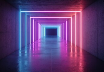 Fototapeta premium Neon Lights Illuminate Futuristic Tunnel with Reflection on Floor