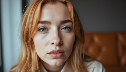 Fototapeta premium Portrait of a Young Woman: A close-up portrait of a young woman with striking light-colored eyes and long, wavy hair. Her expression is pensive and introspective.
