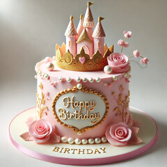 Aufwendig verzierte rosa Geburtstagstorte mit Schloss, Krone, Rosen und Perlen. Perfekt für Kindergeburtstage und Märchenmotive.