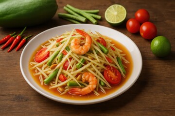 Traditional Thai Som Tum Salad (ส้มตำ) with Spicy Shrimp, Green Papaya and Lime

