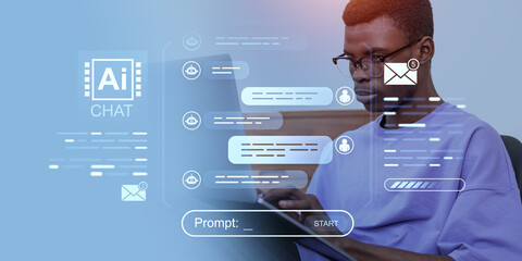 Man interacting with AI chatbot interface on laptop in futuristi