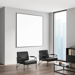 Clean poster mockup on light wall above modern chairs in minimal office interior with large window and city view in daylight setting. 3D Rendering