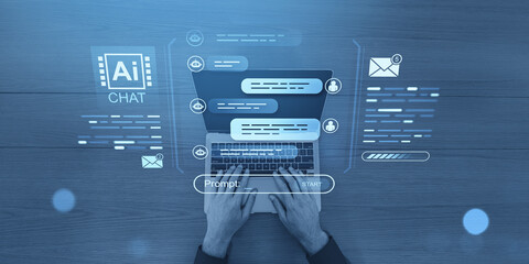 Hands typing on laptop with AI chatbot interface overlay on wooden desk background.