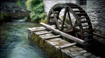 Rustic water mill by a serene stream, its wooden wheel turning with the gentle flow, capturing a tranquil countryside scene.