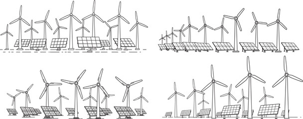 Fototapeta premium Single continuous line drawing of Renewable energy windmills and solar panels