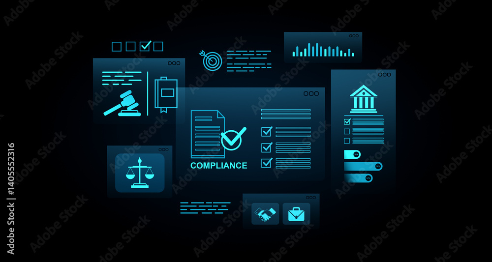 Poster digital 3d interface showing compliance, legal, and regulation icons with checklists and analytics b