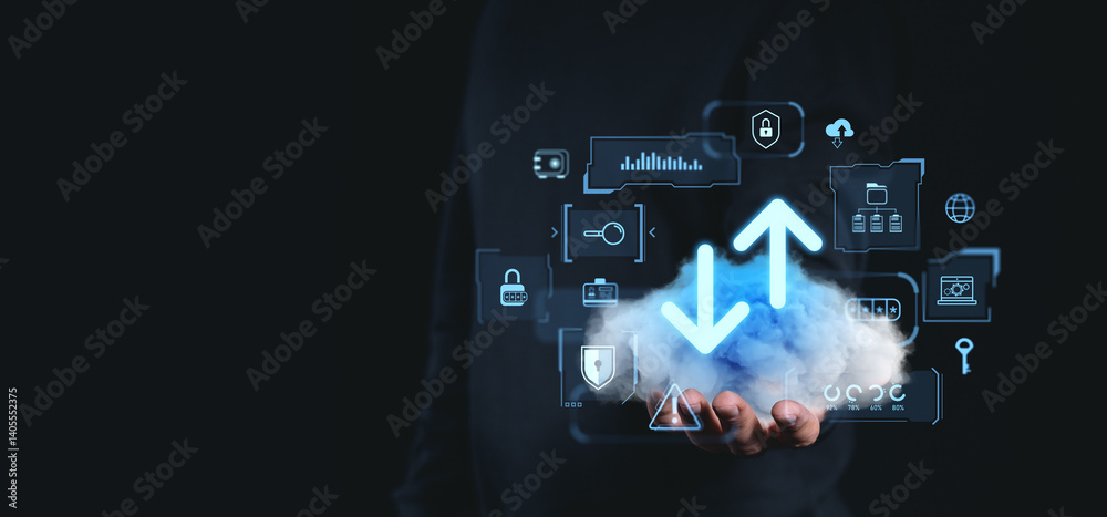 Poster cloud data upload and download icons hovering above hand with tech elements.