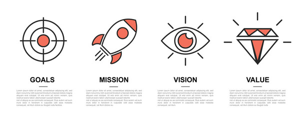 Business Strategy Icons Representing Goals, Mission, Vision, and the Value Concept Creatively