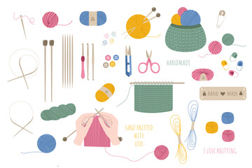 Set of vector illustrations I love knitting. Hobby tools. Various knitting needles, hook, threads, basket for threads, thread cutter, scissors, sewing needle, hands that knit, buttons, etc.