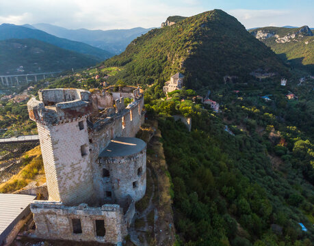 Aerial view of ruines of Castel Gavone, Perti, Finale Ligure, Savona, Liguria, Italy