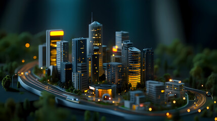 Cityscape miniature model illuminated at night showcasing intricate details of urban design and architecture