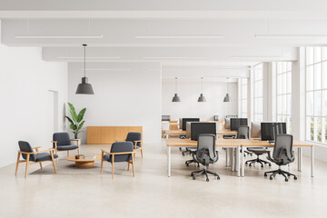Modern open space office interior with collaborative seating area and workstations in bright minimalist design featuring natural light and neutral tones. 3D Rendering