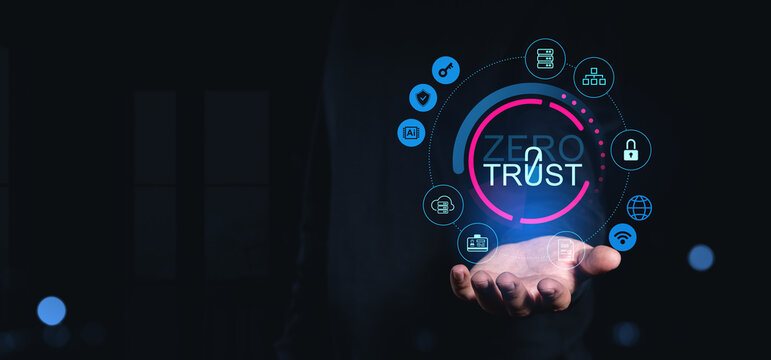 Cybersecurity concept with zero trust model icons floating above a human hand on dark creative background in glowing futuristic style.