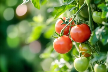 Tomatoes growing on a vine with green leaves in a garden setting.