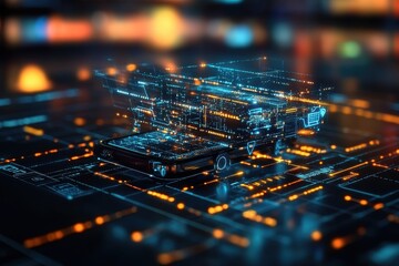 Digital interface featuring a futuristic car on a glowing circuit board during a nighttime urban setting