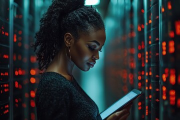 Woman using tablet in server room illuminated by red lights at night