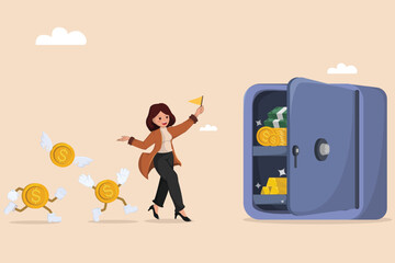 businesswoman Waving a Flag, Drawing Animated Money into a Secure Vault Containing Various Forms of Wealth.