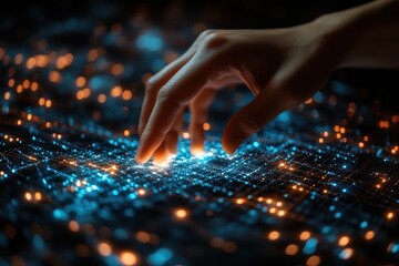 Hand interacting with glowing digital network on dark background during nighttime exploration of technology and data visualization