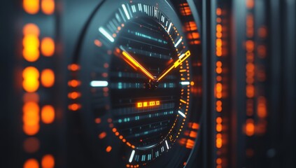 Futuristic clock face,  detailed close-up of a highly advanced digital time display.  Orange and blue glowing elements, digital code, intricate design