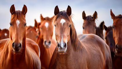 Fototapeta premium horse in the field, a herd of five curious Thoroughbred mares, all looking directly at the camera with gentle expressions against a soft, herd of thoroughbreds, horse herd portrait