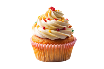 Delicious vanilla cupcake with smooth whipped frosting and bright edible sprinkles, ideal for parties and desserts
