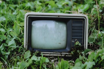 Old television set sits in green foliage outdoors.