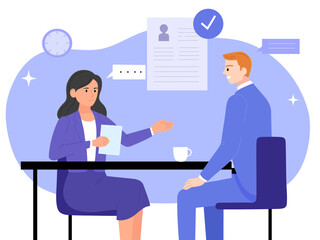 Woman asking question a man sitting across the table, job interview, business illustration and vector 