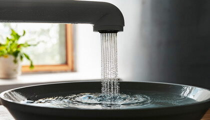 water flowing from faucet in bathroom, water flowing steadily from a chrome faucet into a clean, water flowing faucet, clean water basin, dripping water basin, water steadily dripping from a hole 