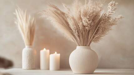 Elegant Dried Flowers in Minimalist Vase with Soft Candlelight Glow