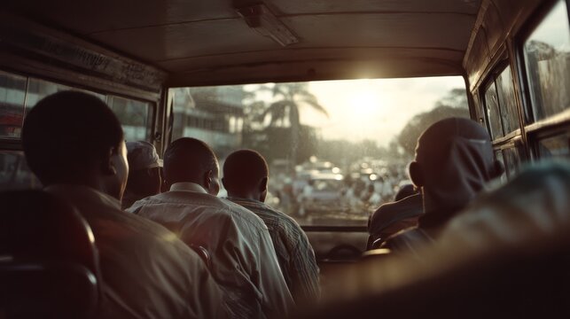 Evening calm in a bustling city, silhouetted passengers on a bus journey through twilight's gentle light.