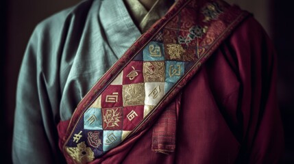 Fototapeta premium A close-up of intricately embroidered traditional garments in muted colors, highlighting the detailed cultural craftsmanship.