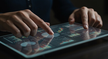 Fototapeta premium Person using a tablet displaying financial charts and graphs with fingers touching the screen closely
