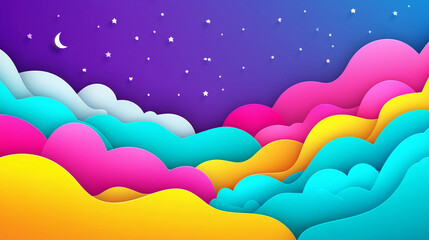 Colorful Dreamscape with Crescent Moon and Stars