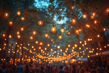 Evening gathering with string lights illuminating a lively outdoor event in a park during late summer