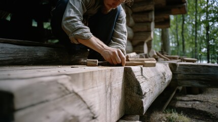 A craftsman meticulously shapes a large beam, embodying dedication and skill in the heart of a sunlit forest workshop.