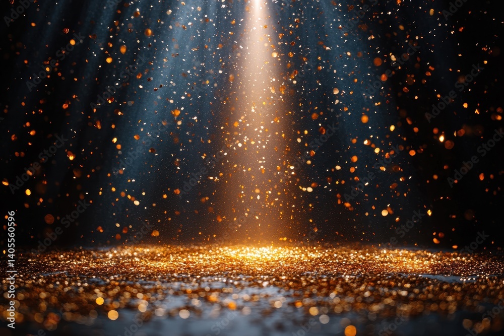 Wall mural glowing particles illuminated by warm light create a magical atmosphere in a dark environment