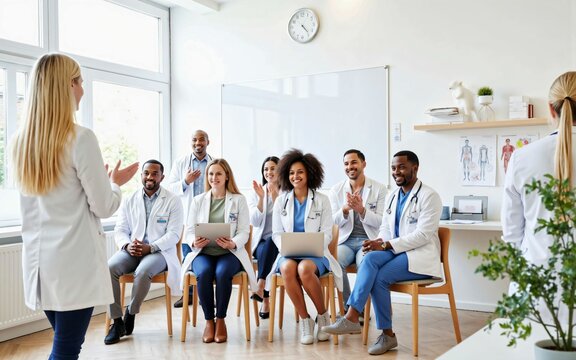 Team of medical professionals attending a healthcare seminar, diverse doctors and nurses listening and applauding during a hospital staff meeting