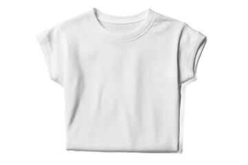 Folded plain white t-shirt shown from the front view The shirt has round neck and is made from soft fabric ideal for casual outfits or promotional designs Isolated with transparent background