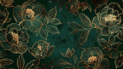 beautiful floral pattern featuring elegant peonies with gold outlines on dark green background, creating sophisticated and artistic design. intricate details enhance its charm