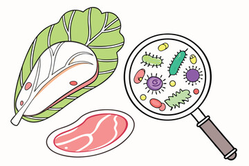 91 Raw chicken, lettuce, bacteria, microscope view, colorful microorganisms, food safety, scientific illustration, petri dish, magnified germs, educational diagram, hygienic concerns, culinary microbi