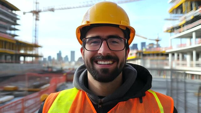 A strong, confident construction worker wearing an orange high-visibility vest and a yellow safety helmet, smiling at the camera. Behind him, a bustling construction site with cran