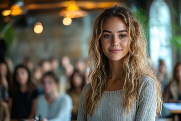 Obraz premium Young woman smiles in a busy cafe during a lively discussion among friends in the afternoon light